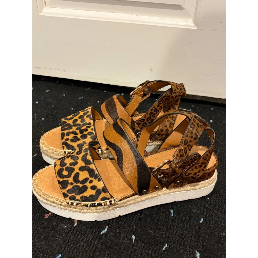 Sarto by Franco Sarto Calvin Leopard Tiger Print Calf Hair Platform Sandals 8M